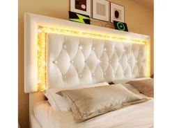 Cama com baú estofada 180x200cm de veludo - com iluminação LED - com portas USB e Tipo-C - com somier de ripas - Bege (sem colchão)