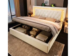 Cama com baú estofada 180x200cm de veludo - com iluminação LED - com portas USB e Tipo-C - com somier de ripas - Bege (sem colchão)