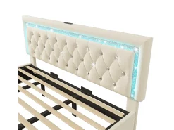 Cama com baú estofada 180x200cm de veludo - com iluminação LED - com portas USB e Tipo-C - com somier de ripas - Bege (sem colchão)