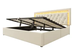 Cama com baú estofada 180x200cm de veludo - com iluminação LED - com portas USB e Tipo-C - com somier de ripas - Bege (sem colchão)