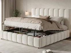 Cama com baú estofada 180x200cm - con somier de ripas - Tecido bouclé - Branco​ (sem colchão)