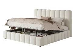 Cama com baú estofada 180x200cm - con somier de ripas - Tecido bouclé - Branco​ (sem colchão)