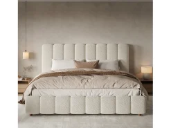 Cama com baú estofada 200x200cm - con somier de ripas - Tecido bouclé - Branco​ (sem colchão)