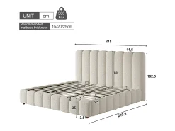 Cama com baú estofada 200x200cm - con somier de ripas - Tecido bouclé - Branco​ (sem colchão)