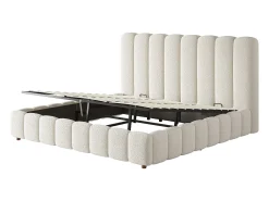Cama com baú estofada 200x200cm - con somier de ripas - Tecido bouclé - Branco​ (sem colchão)