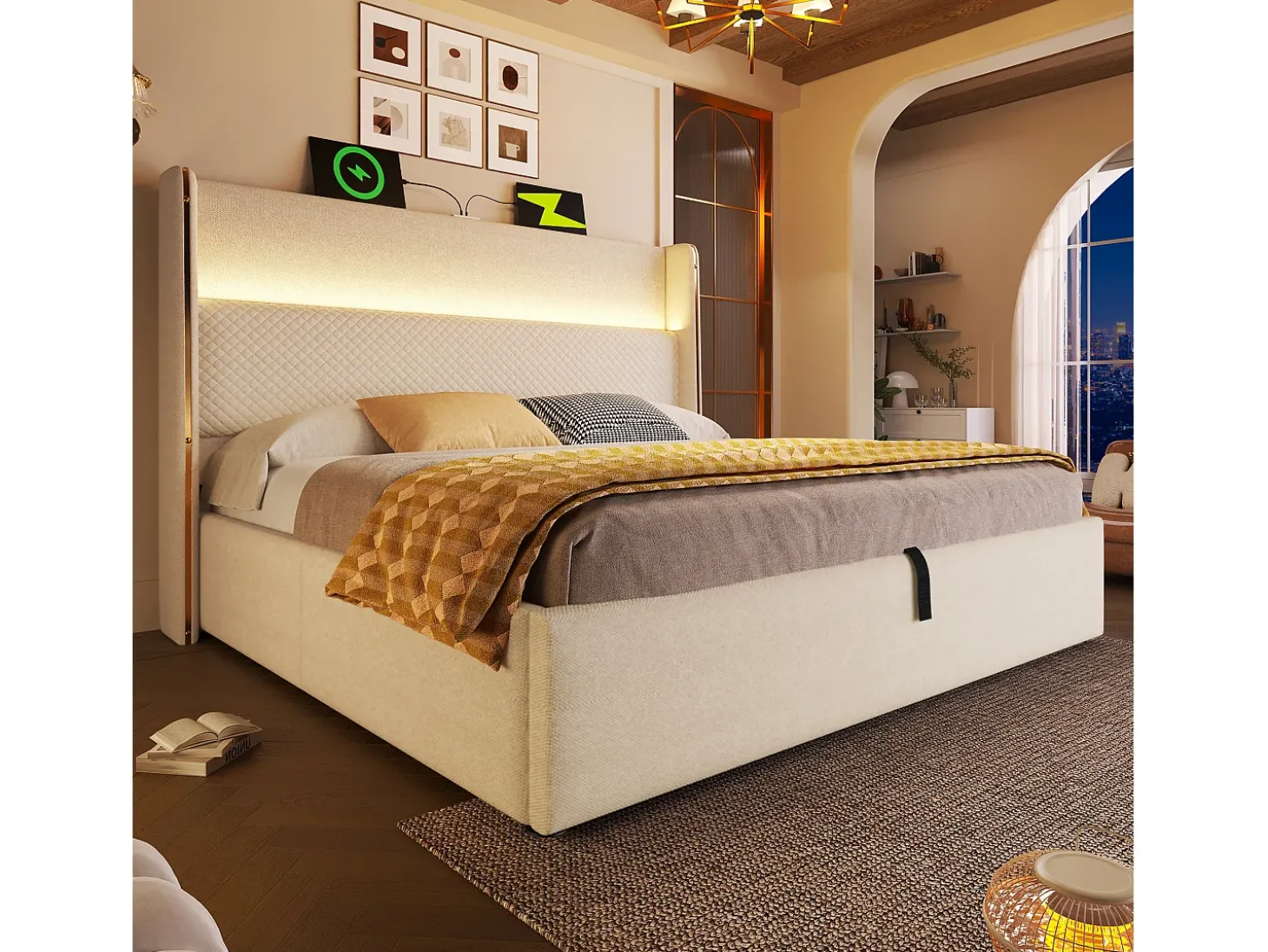 Cama com baú estofado 160x200 cm - com iluminação LED - com portas USB e Type-C - tecido de Linho - Bege (sem colchão)