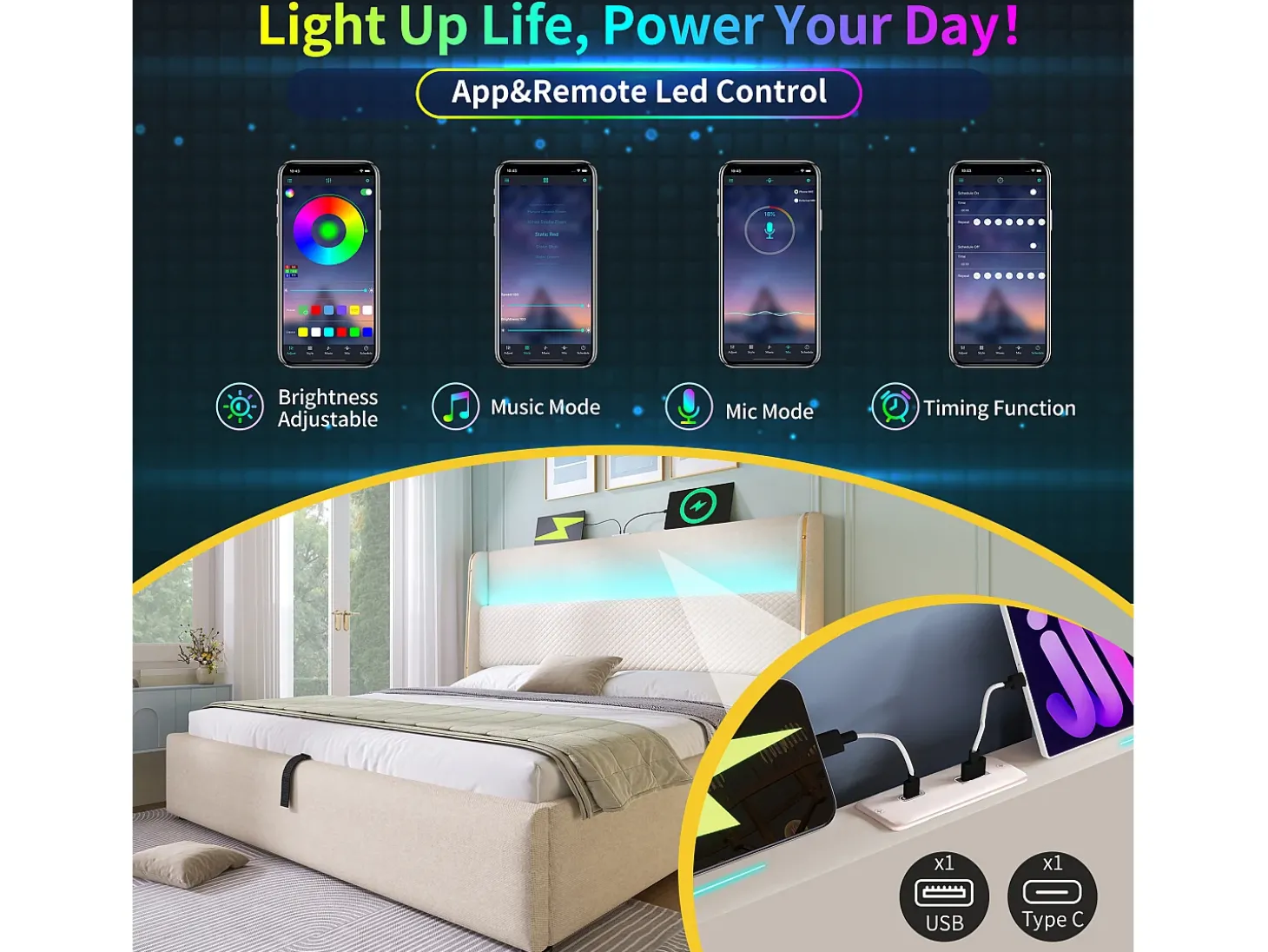 Cama com baú estofado 160x200 cm - com iluminação LED - com portas USB e Type-C - tecido de Linho - Bege (sem colchão)