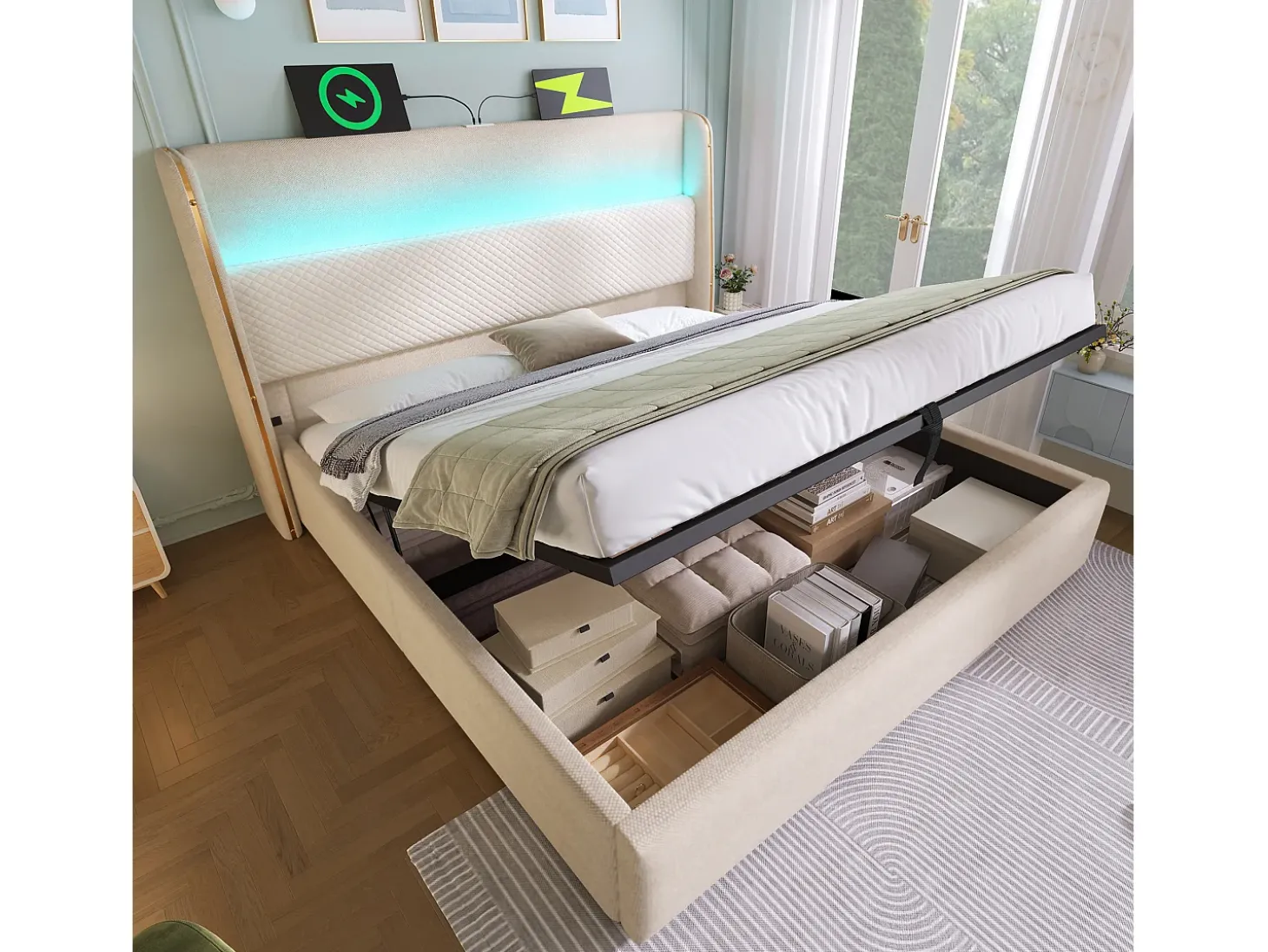 Cama com baú estofado 160x200 cm - com iluminação LED - com portas USB e Type-C - tecido de Linho - Bege (sem colchão)