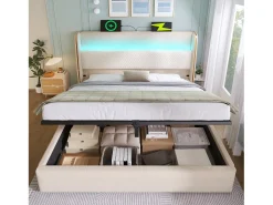 Cama com baú estofado 160x200 cm - com iluminação LED - com portas USB e Type-C - tecido de Linho - Bege (sem colchão)