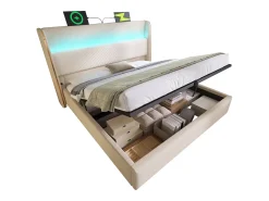 Cama com baú estofado 160x200 cm - com iluminação LED - com portas USB e Type-C - tecido de Linho - Bege (sem colchão)