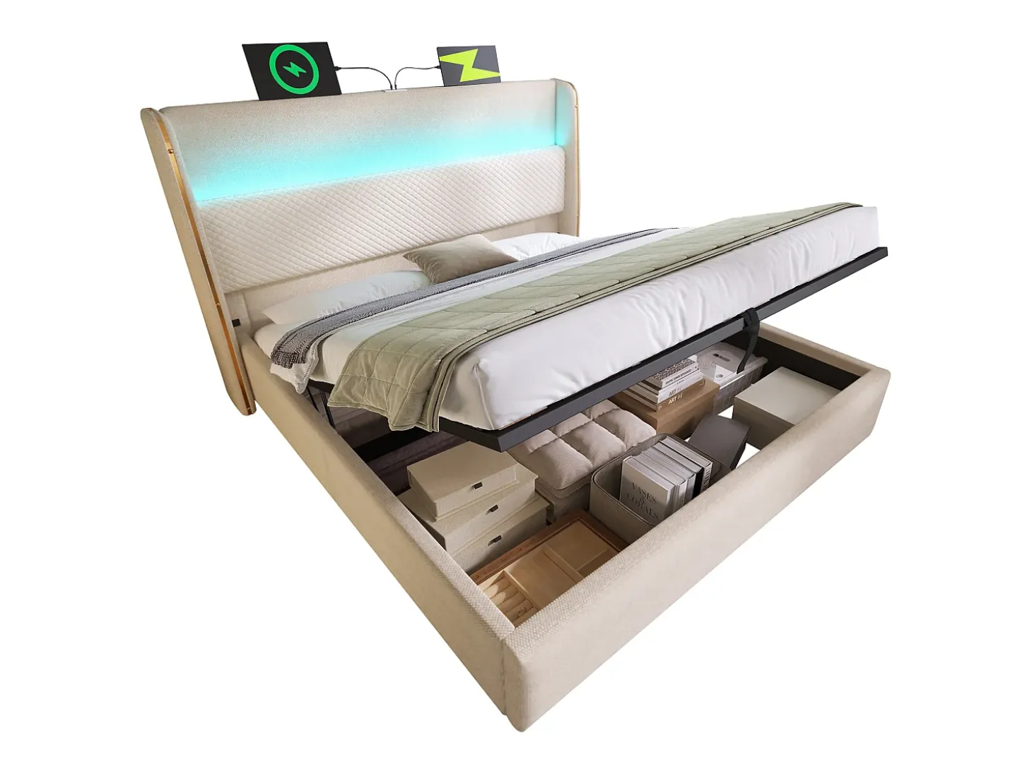 Cama com baú estofado 160x200 cm - com iluminação LED - com portas USB e Type-C - tecido de Linho - Bege (sem colchão)