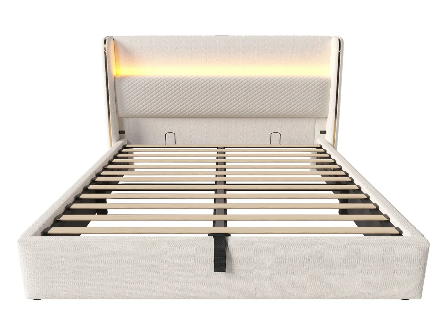 Cama com baú estofado 160x200 cm - com iluminação LED - com portas USB e Type-C - tecido de Linho - Bege (sem colchão)