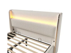 Cama com baú estofado 160x200 cm - com iluminação LED - com portas USB e Type-C - tecido de Linho - Bege (sem colchão)