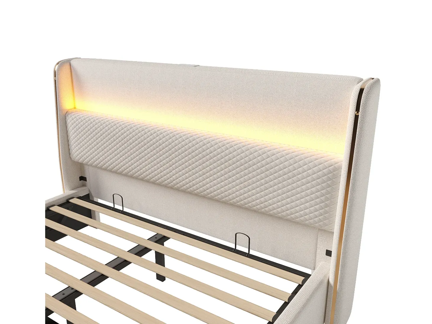 Cama com baú estofado 160x200 cm - com iluminação LED - com portas USB e Type-C - tecido de Linho - Bege (sem colchão)