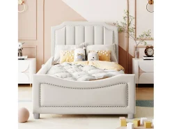 Cama com cabeceira - 90 x 200 cm - tecido flanelado - para criança ou bebê - cor bege