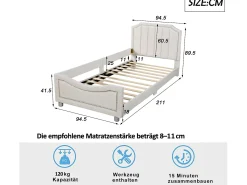 Cama com cabeceira - 90 x 200 cm - tecido flanelado - para criança ou bebê - cor bege