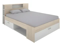 Cama com cabeceira de arrumação e gavetas de 140 x 190 cm em cor branco e natural - LEANDRE