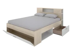 Cama com cabeceira de arrumação e gavetas de 140 x 190 cm em cor branco e natural - LEANDRE
