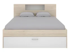 Cama com cabeceira de arrumação e gavetas de 140 x 190 cm em cor branco e natural - LEANDRE