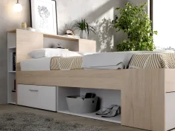 Cama com cabeceira de arrumação e gavetas de 140 x 190 cm em cor branco e natural - LEANDRE