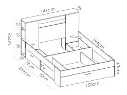 Cama com cabeceira de arrumação e gavetas de 140 x 190 cm em cor branco e natural - LEANDRE
