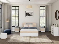 Cama com cabeceira de arrumação e gavetas de 140 x 190 cm em cor branco e natural - LEANDRE