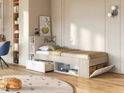 Cama com cabeceira de cama arrumação e gaveta 90x190 cm branco e natural + sommier LEANDRE