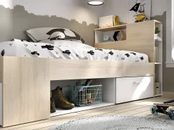 Cama com cabeceira de cama arrumação e gaveta 90x190 cm branco e natural + sommier LEANDRE
