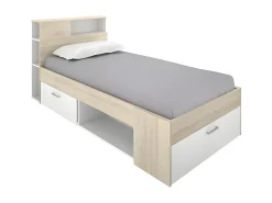 Cama com cabeceira de cama arrumação e gaveta 90x190 cm branco e natural + sommier LEANDRE