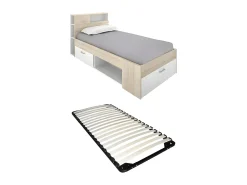 Cama com cabeceira de cama arrumação e gaveta 90x190 cm branco e natural + sommier LEANDRE