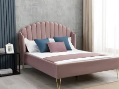 Cama com cabeceira ondulada 140x190 cm veludo cor-de-rosa charme vintage + colchão SAGALI