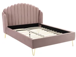 Cama com cabeceira ondulada 140x190 cm veludo cor-de-rosa charme vintage + colchão SAGALI