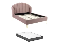 Cama com cabeceira ondulada 140x190 cm veludo cor-de-rosa charme vintage + colchão SAGALI