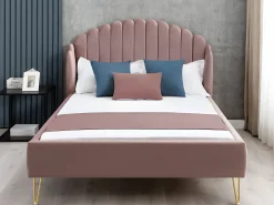 Cama com cabeceira ondulada 140x190 cm veludo cor-de-rosa charme vintage + colchão SAGALI