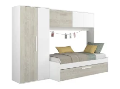 Cama com cama auxiliar 2 x 90 x 200 com armário branco e natural - LUMOKA