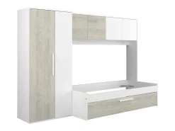 Cama com cama auxiliar 2 x 90 x 200 com armário branco e natural - LUMOKA