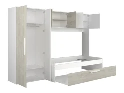 Cama com cama auxiliar 2 x 90 x 200 com armário branco e natural - LUMOKA