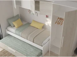 Cama com cama auxiliar 2 x 90 x 200 com armário branco e natural - LUMOKA