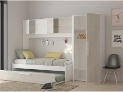 Cama com cama auxiliar 2 x 90 x 200 com armário branco e natural - LUMOKA
