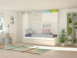 Cama com cama auxiliar 2 x 90 x 200 com armário branco e natural - LUMOKA