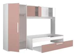 Cama com cama auxiliar 2 x 90 x 200 com roupeiro rosa e branco - LUMOKA