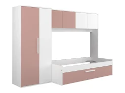Cama com cama auxiliar 2 x 90 x 200 com roupeiro rosa e branco - LUMOKA