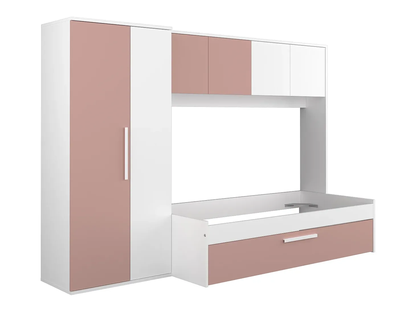 Cama com cama auxiliar 2 x 90 x 200 com roupeiro rosa e branco - LUMOKA