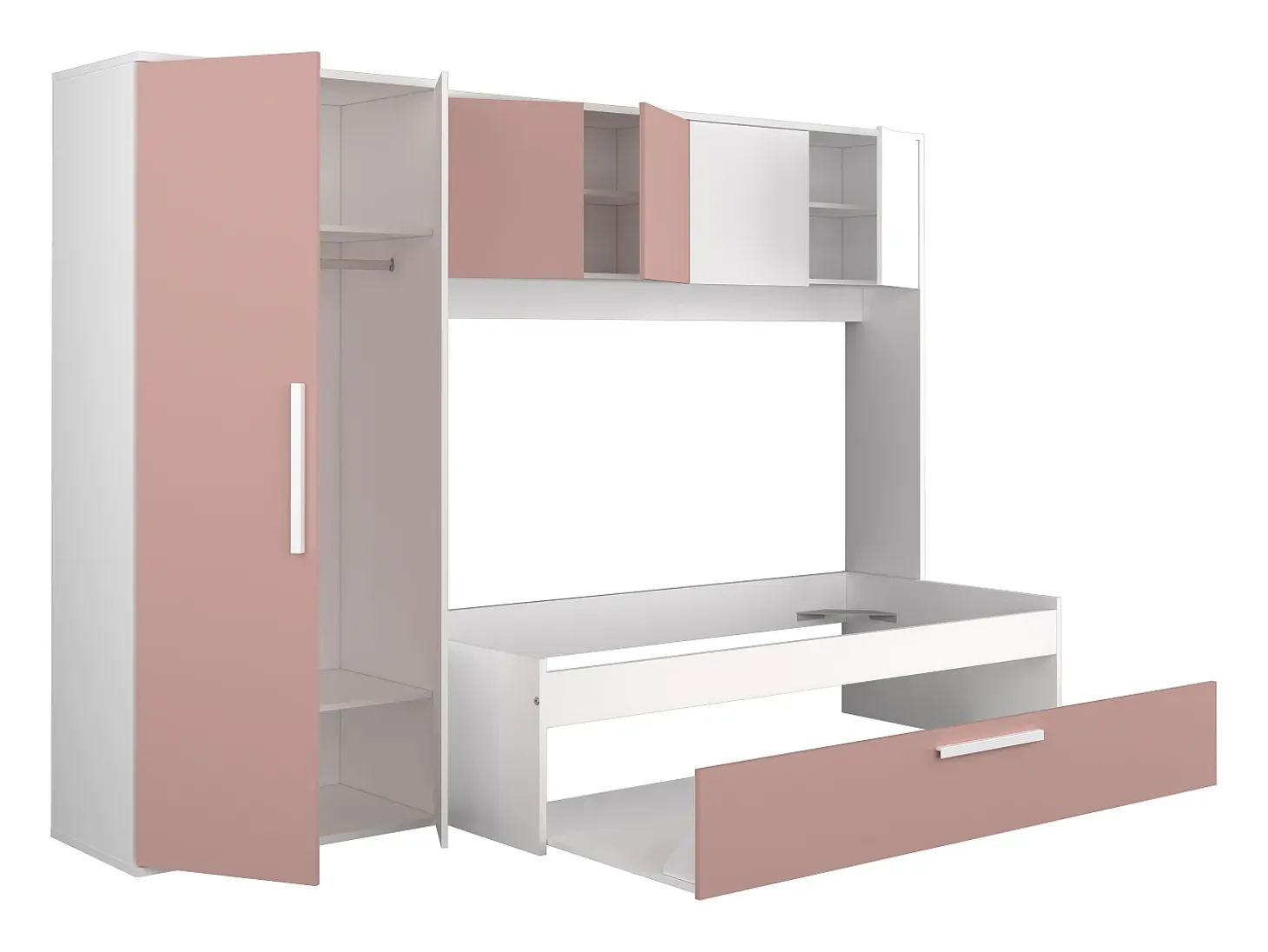 Cama com cama auxiliar 2 x 90 x 200 com roupeiro rosa e branco - LUMOKA