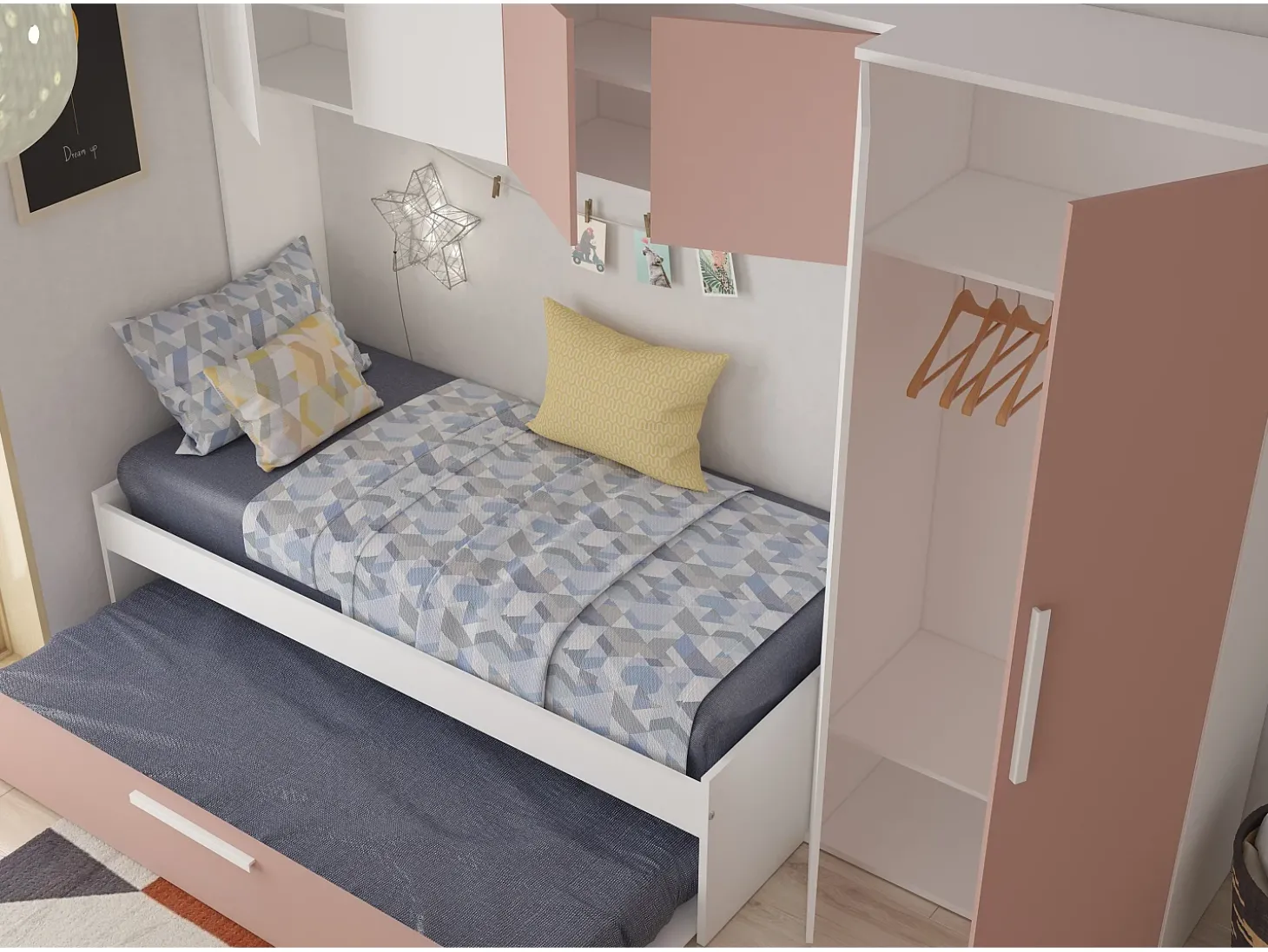 Cama com cama auxiliar 2 x 90 x 200 com roupeiro rosa e branco - LUMOKA