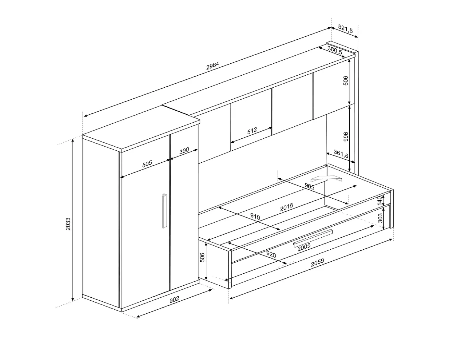 Cama com cama auxiliar 2 x 90 x 200 com roupeiro rosa e branco - LUMOKA
