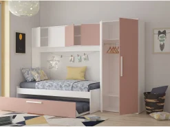 Cama com cama auxiliar 2 x 90 x 200 com roupeiro rosa e branco - LUMOKA