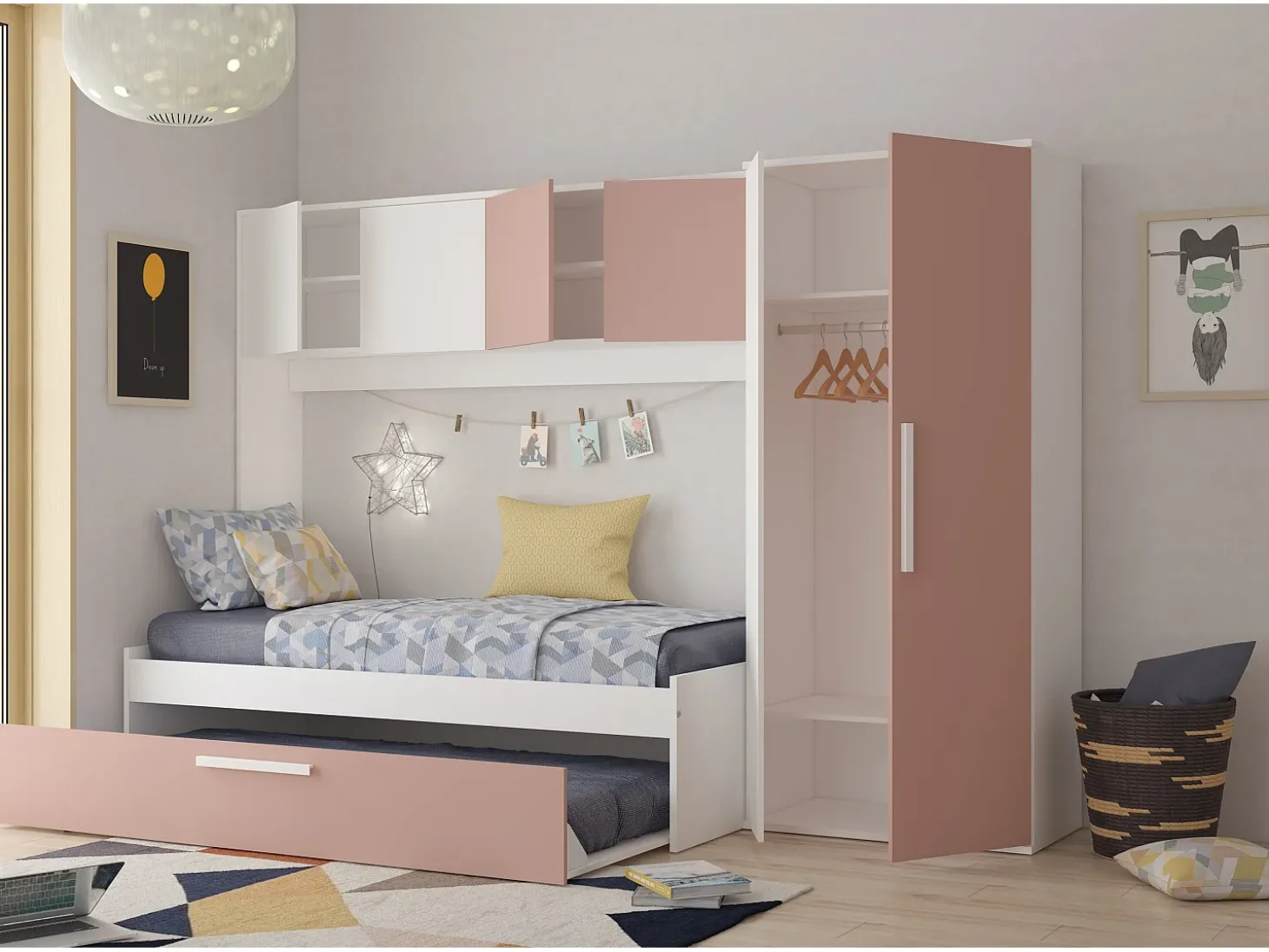 Cama com cama auxiliar 2 x 90 x 200 com roupeiro rosa e branco - LUMOKA