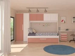 Cama com cama auxiliar 2 x 90 x 200 com roupeiro rosa e branco - LUMOKA