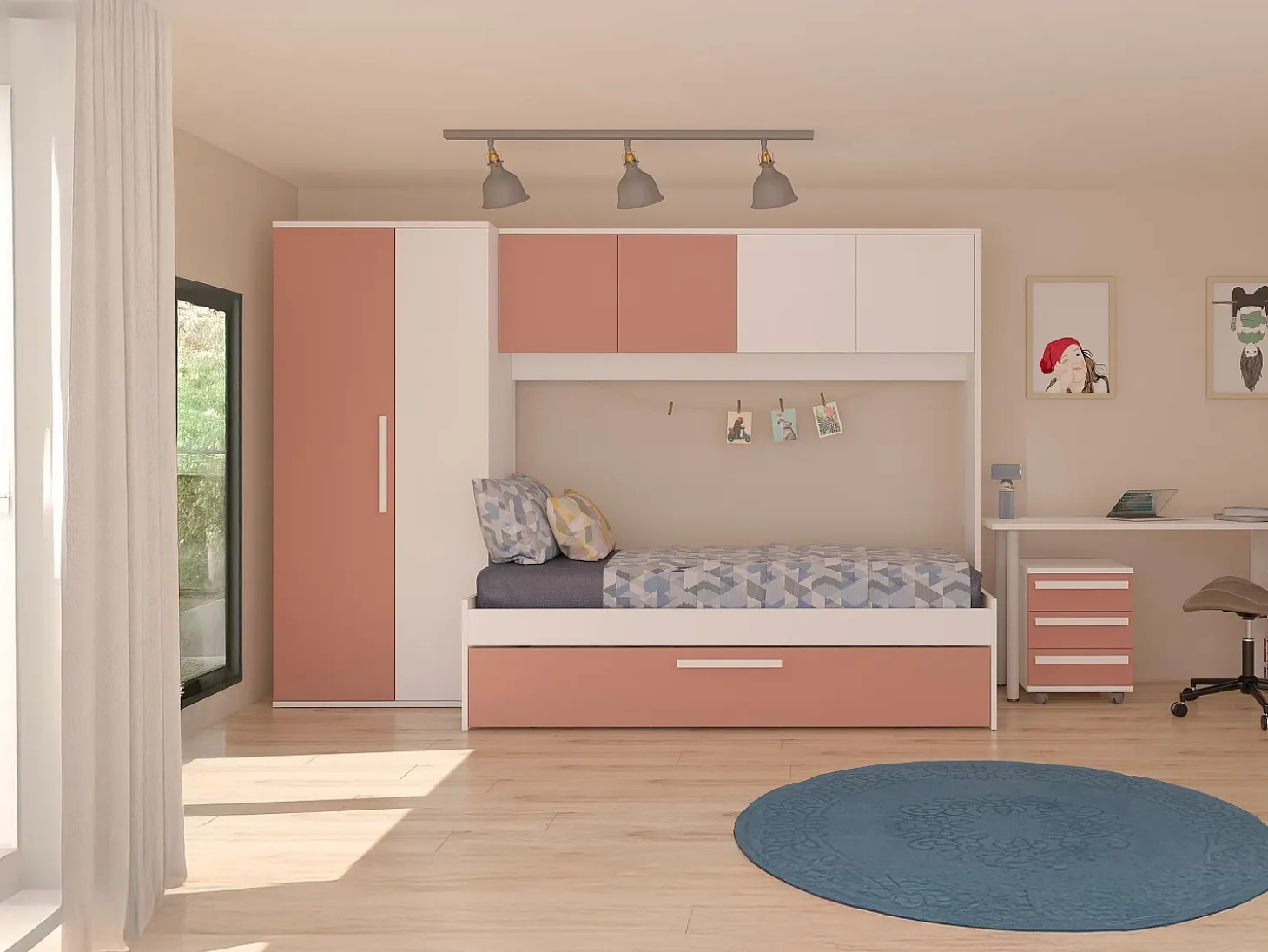 Cama com cama auxiliar 2 x 90 x 200 com roupeiro rosa e branco - LUMOKA